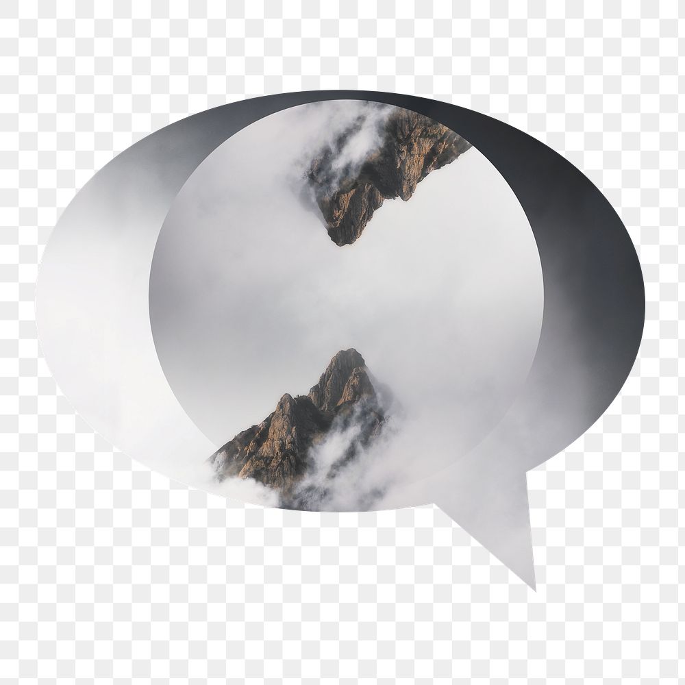 Png foggy mountain peaks badge sticker, nature photo in speech bubble, transparent background