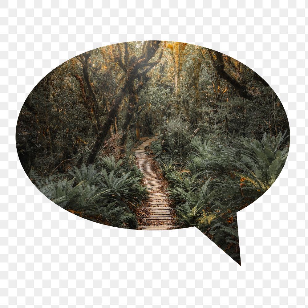 Forest pathway png badge sticker, nature photo in speech bubble, transparent background