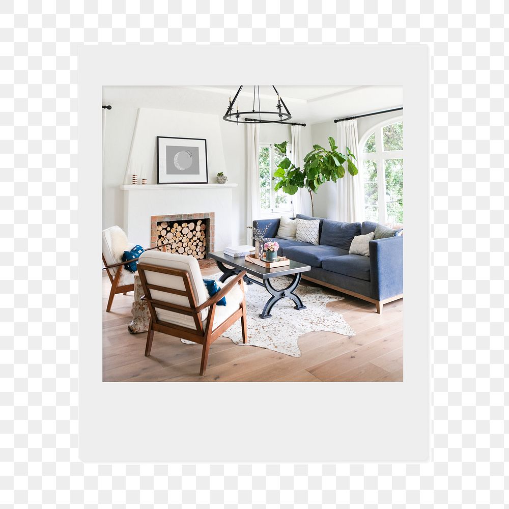 Png cozy living room sticker, interior instant photo, transparent background