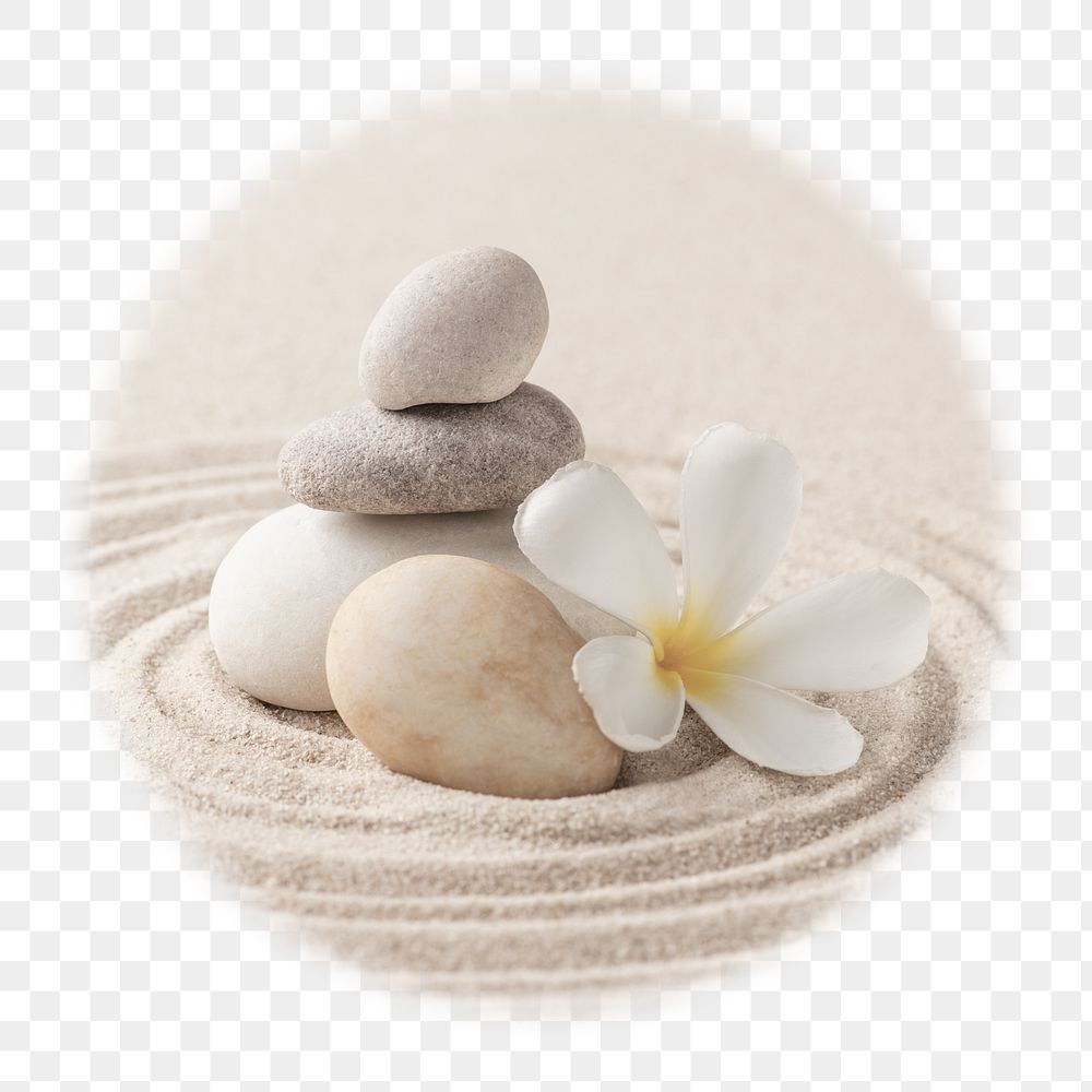 Zen stones png badge sticker, wellness photo in blur edge circle, transparent background