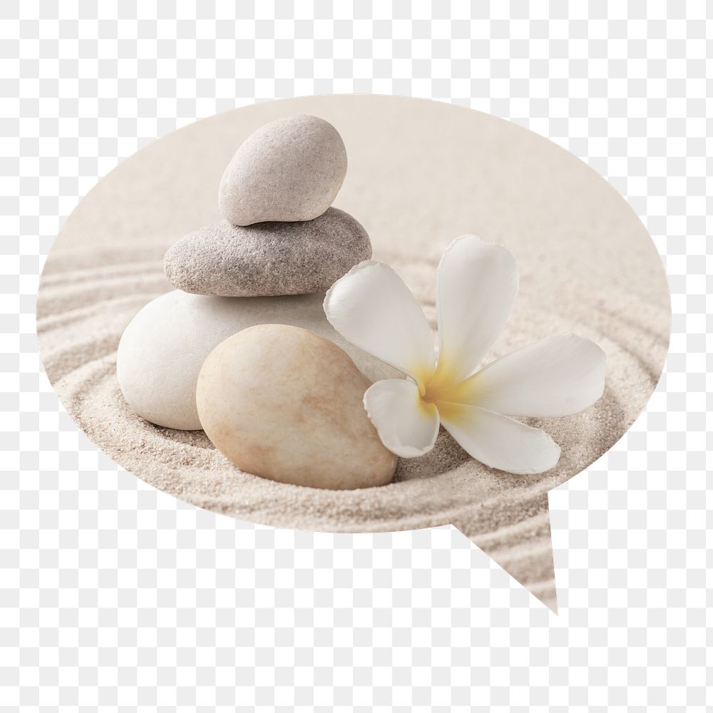 Zen stones png badge sticker, wellness photo in speech bubble, transparent background