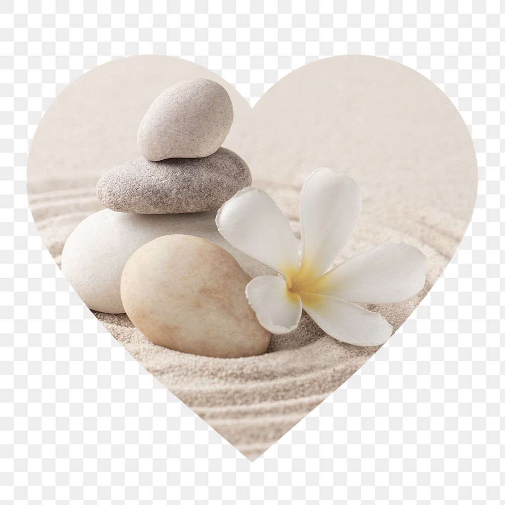 Zen stones png badge sticker, wellness photo in heart shape, transparent background