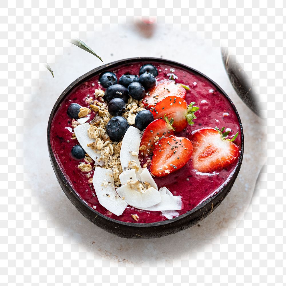 Acai bowl png badge sticker, healthy food photo in blur edge circle, transparent background