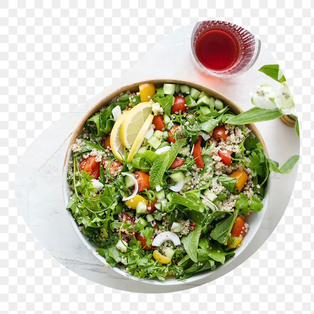 Salad bowl png badge sticker, healthy food photo in blob shape, transparent background