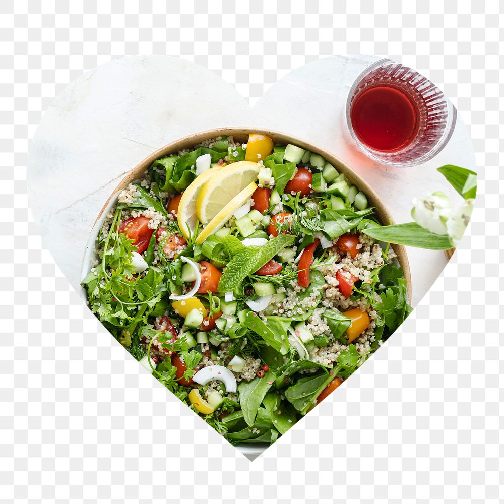Salad bowl png badge sticker, healthy food photo in heart shape, transparent background