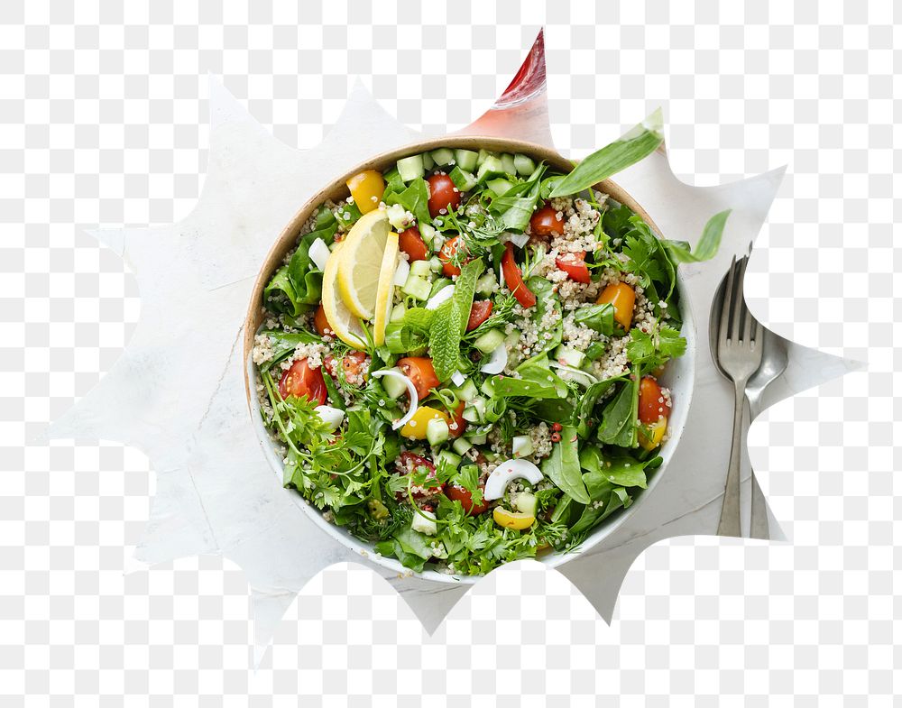 Salad bowl png badge sticker, healthy food photo in bang shape, transparent background