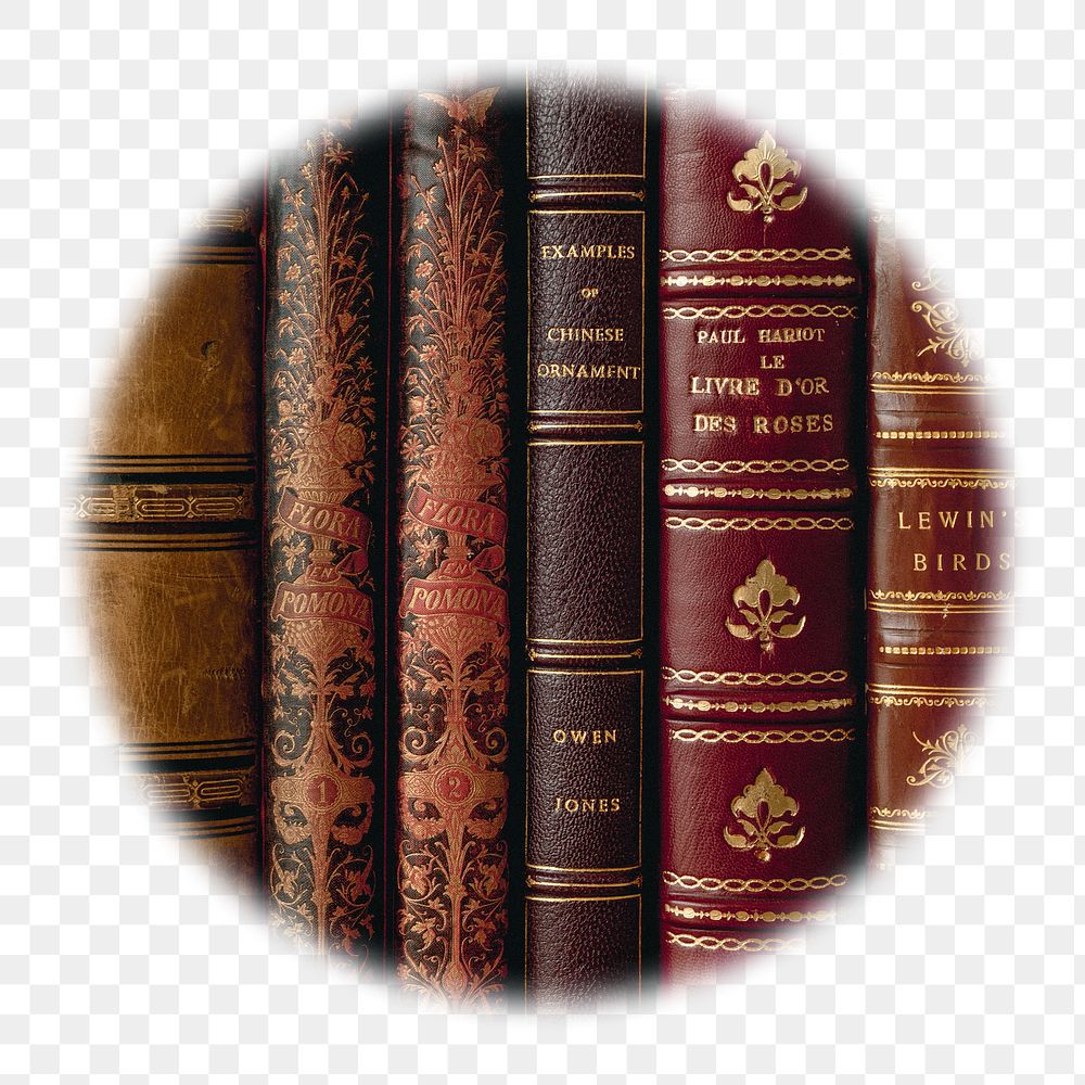 Png leather book spines badge sticker, library photo in blur edge circle, transparent background