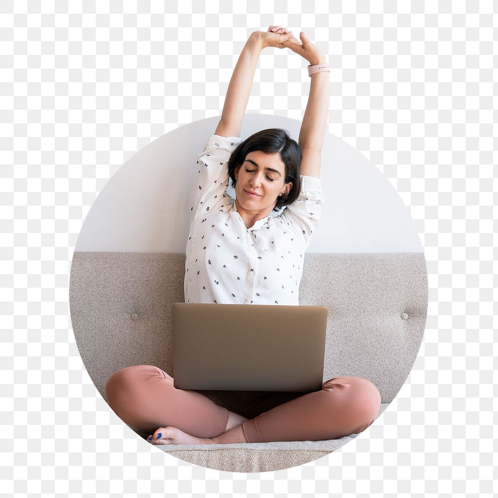 Woman stretching png circle badge sticker, work from home photo, transparent background