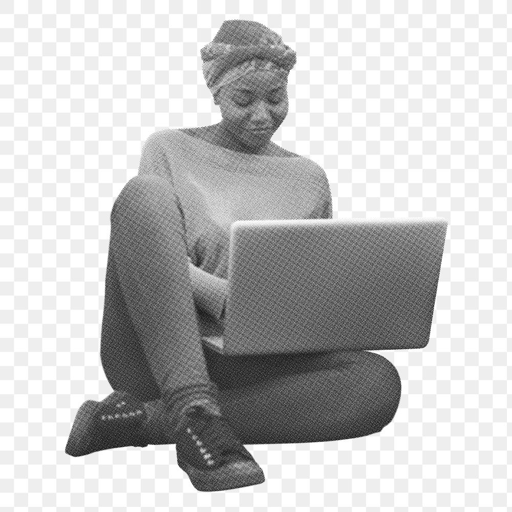 Png African woman using laptop sticker, education black and white, transparent background