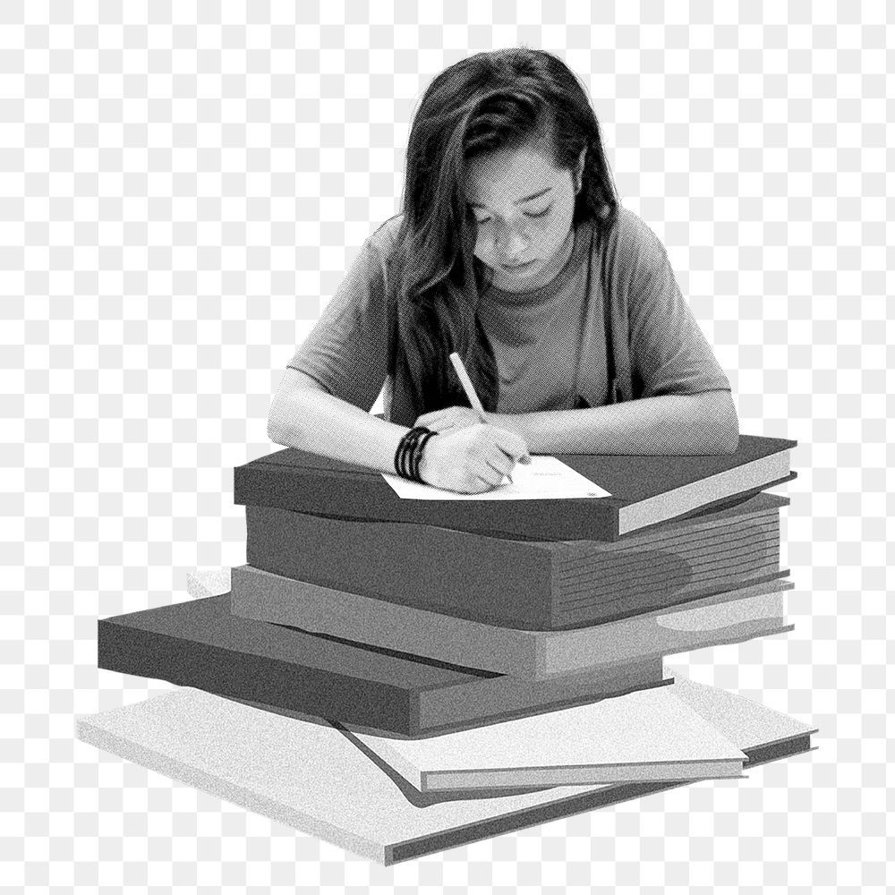 Woman writing png sticker, education black and white, transparent background