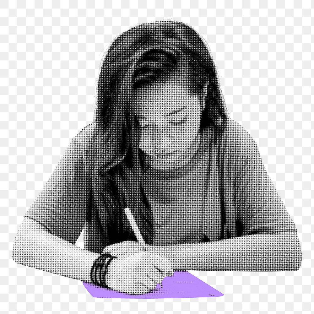 Png Asian woman studying sticker, education color pop design, transparent background