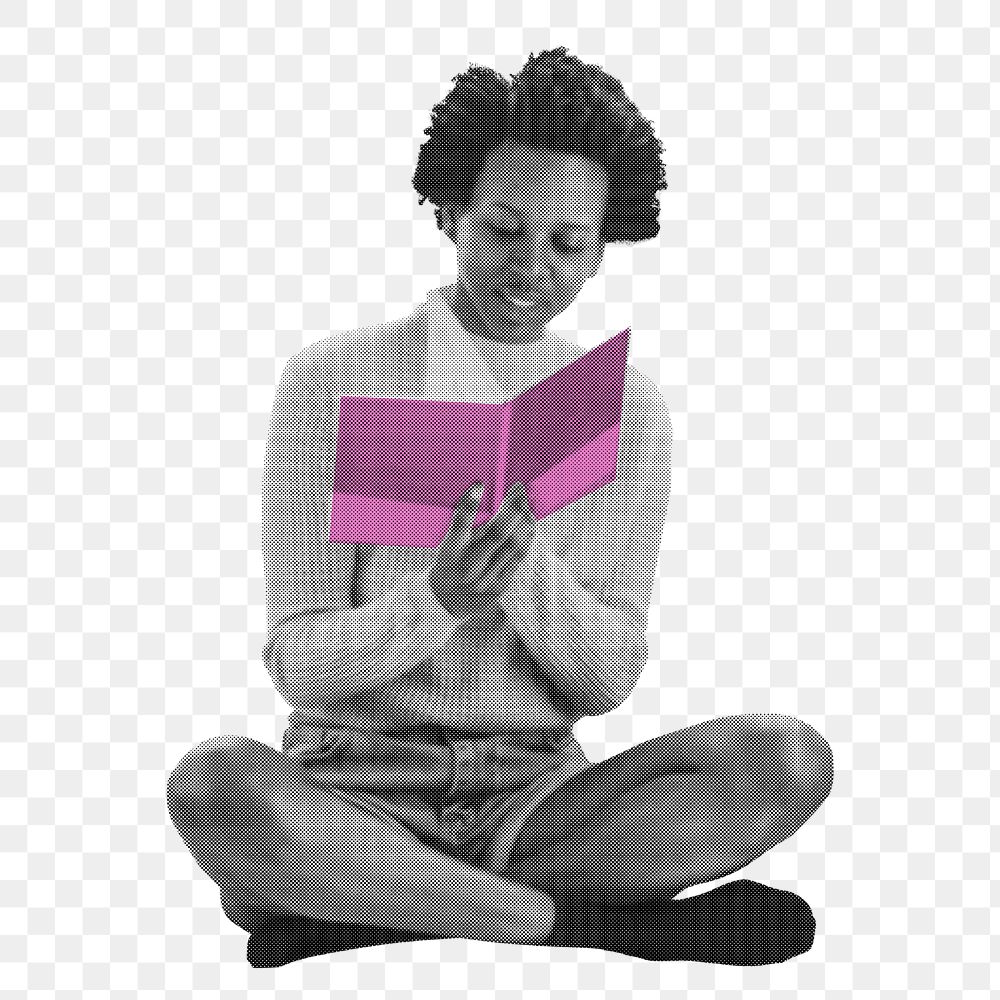 Png woman reading book sticker, education color pop design, transparent background