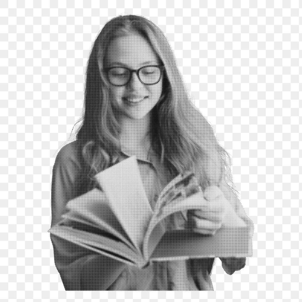 Png young woman reading book sticker, education black and white, transparent background