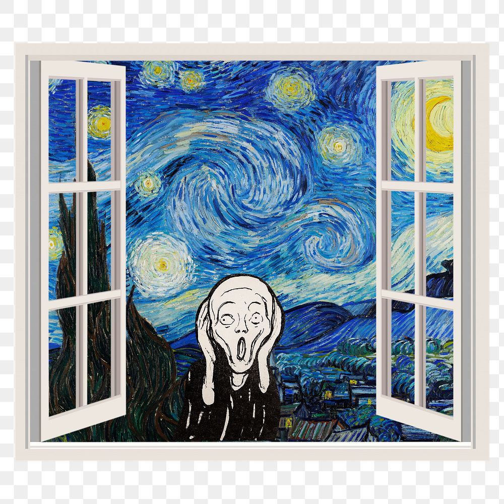 The Scream png sticker, Starry Night window, famous painting remixed by rawpixel, transparent background