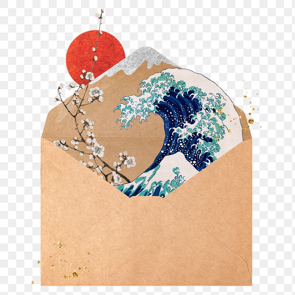 Collage envelope png sticker, Hokusai's artwork remixed by rawpixel, transparent background