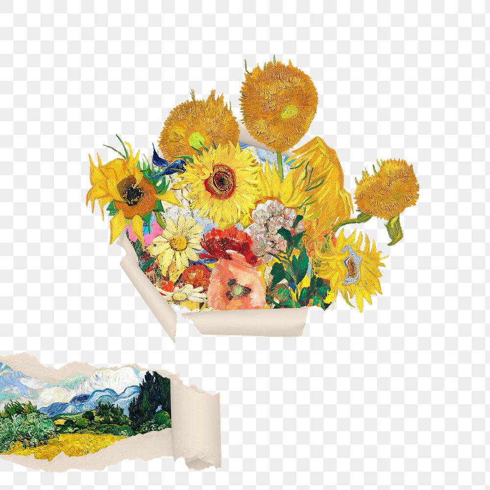 Sunflower png sticker, torn paper remixed by rawpixel, transparent background