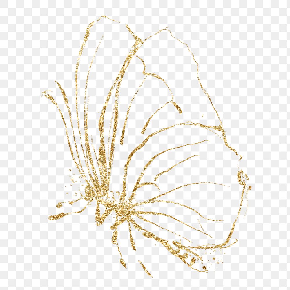 Png gold glitter butterfly sticker, line art transparent background