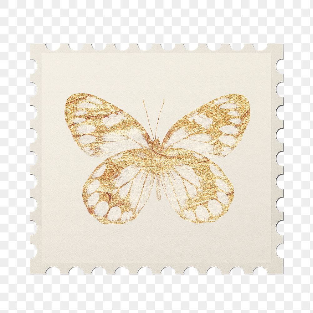 Gold butterfly png sticker, ephemera stamp transparent background
