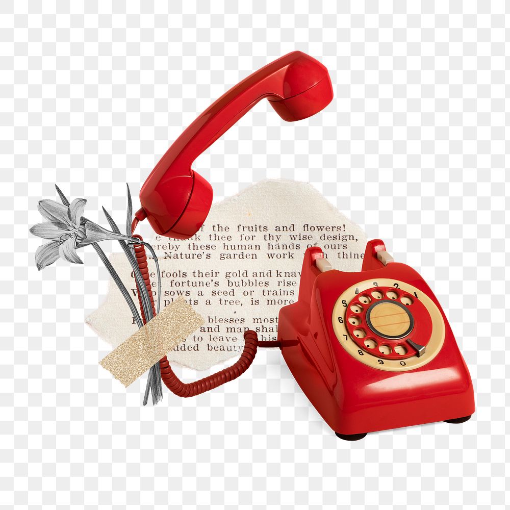 Red telephone png sticker, torn paper transparent background