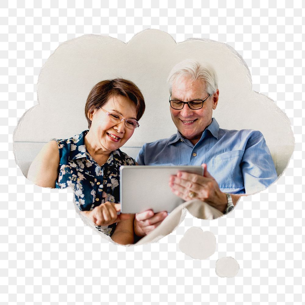 Senior couple png sticker, planning retirement, speech bubble graphic, transparent background