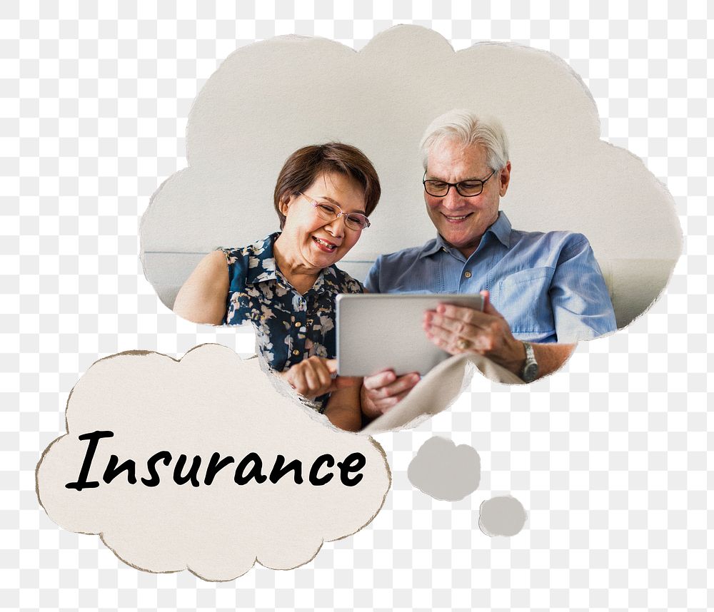 Png insurance speech bubble sticker, senior couple holding tablet, transparent background