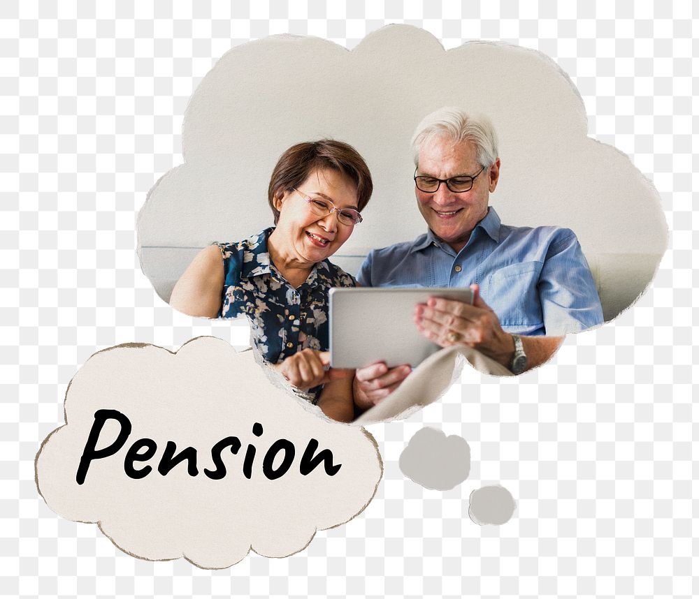 Png pension speech bubble sticker, senior couple holding tablet, transparent background