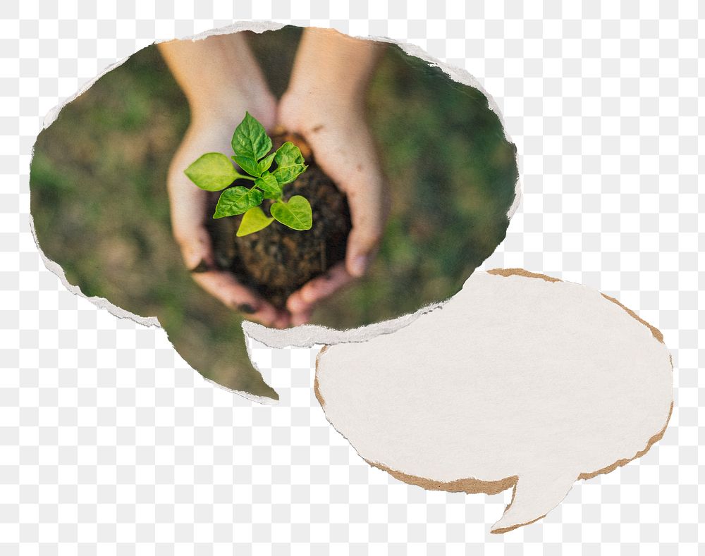 Png hand cupping plant paper speech bubble sticker, environment concept on transparent background