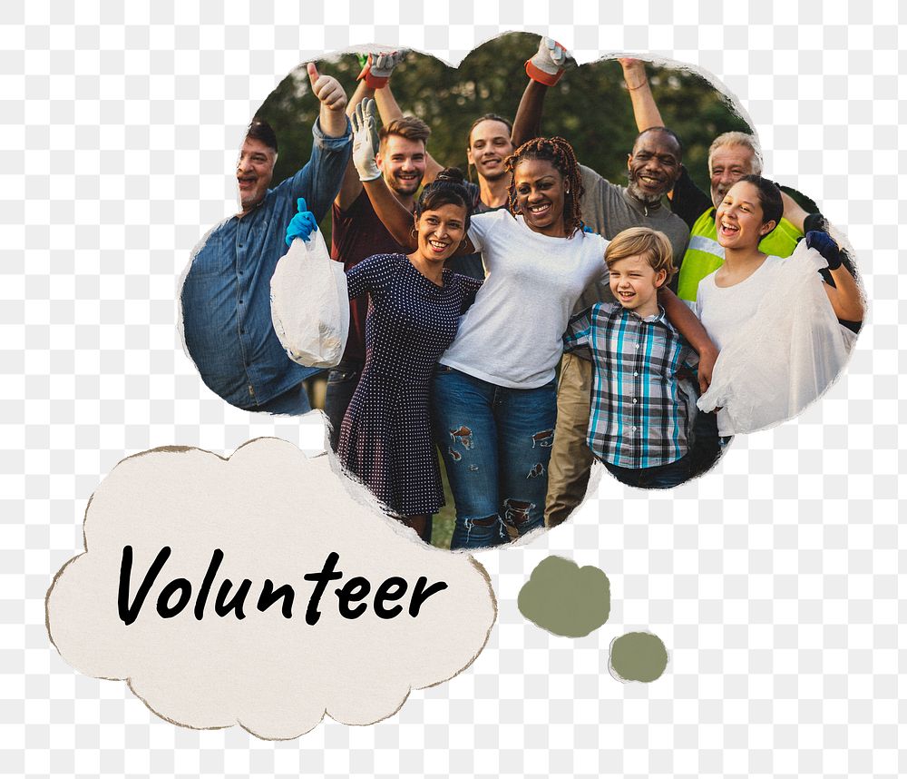 Volunteer environmentalists png speech bubble, diverse people photo on transparent background