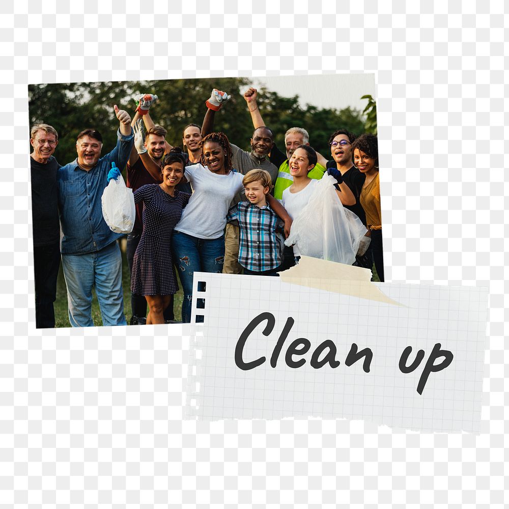 Clean up png paper collages, diverse volunteers photo, transparent background