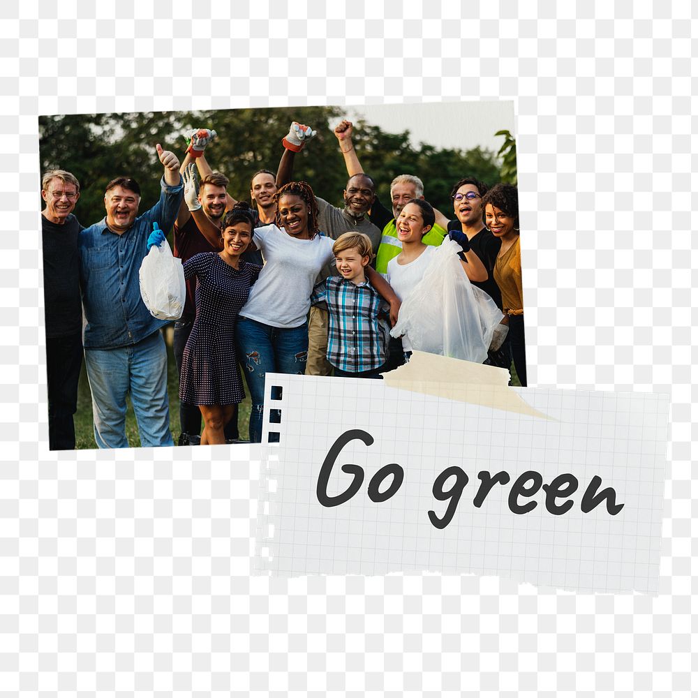 Go green png paper collages, diverse volunteers photo, transparent background