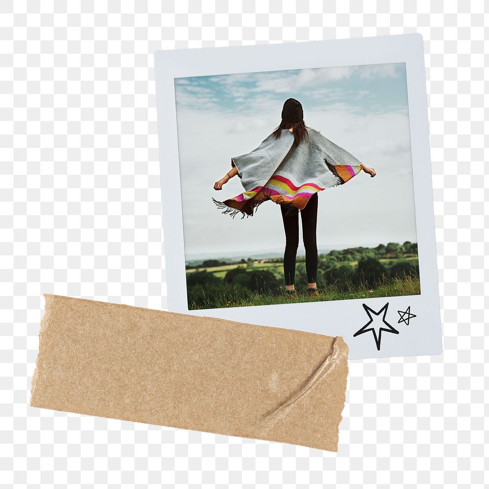 Carefree woman png sticker, travel instant film image on transparent background
