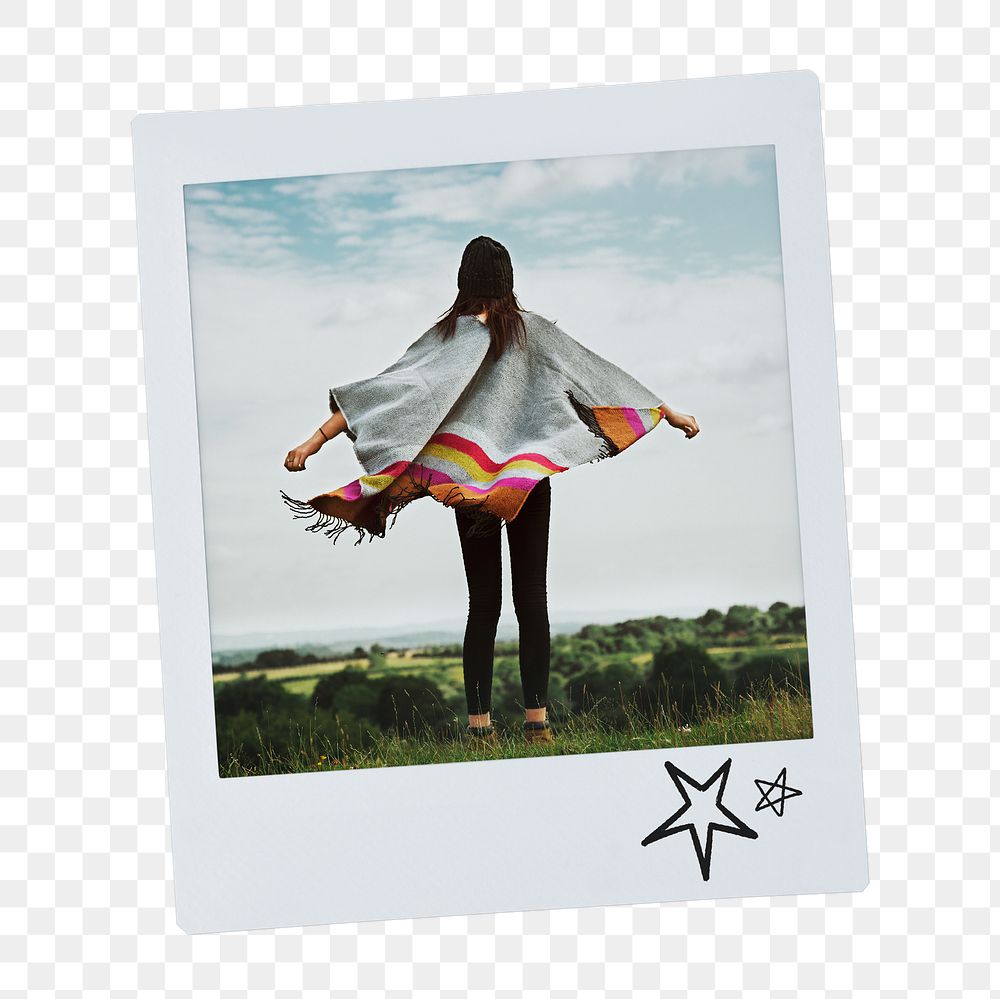 Carefree woman png sticker, travel instant film image on transparent background