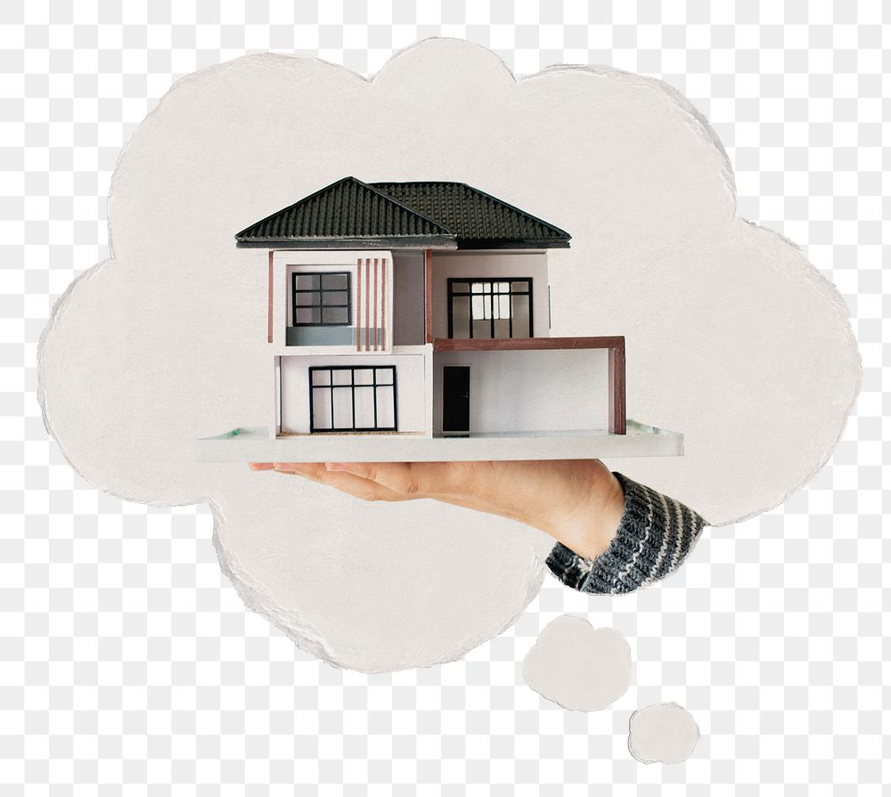 Mortgage png speech bubble sticker, hand presenting house model image on transparent background