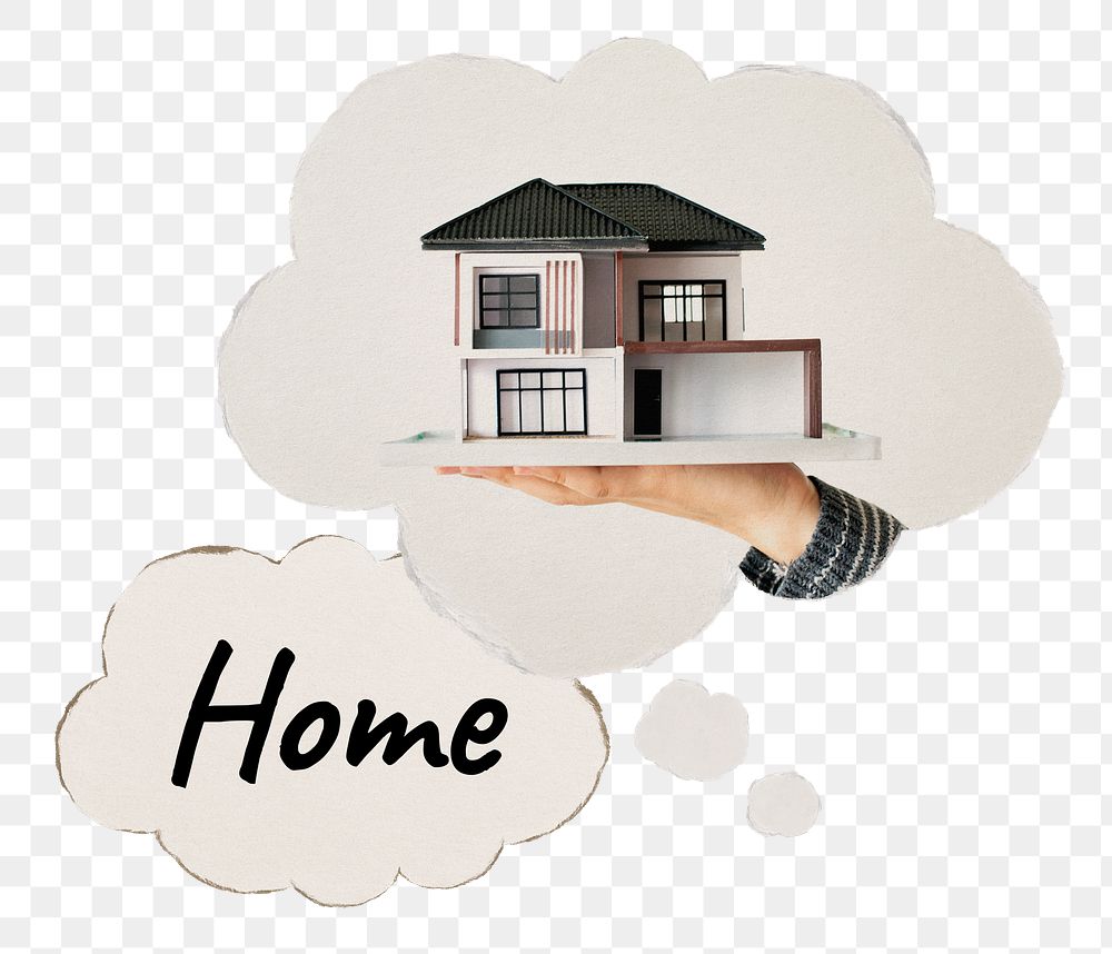 Home png speech bubble sticker, hand presenting house model image on transparent background