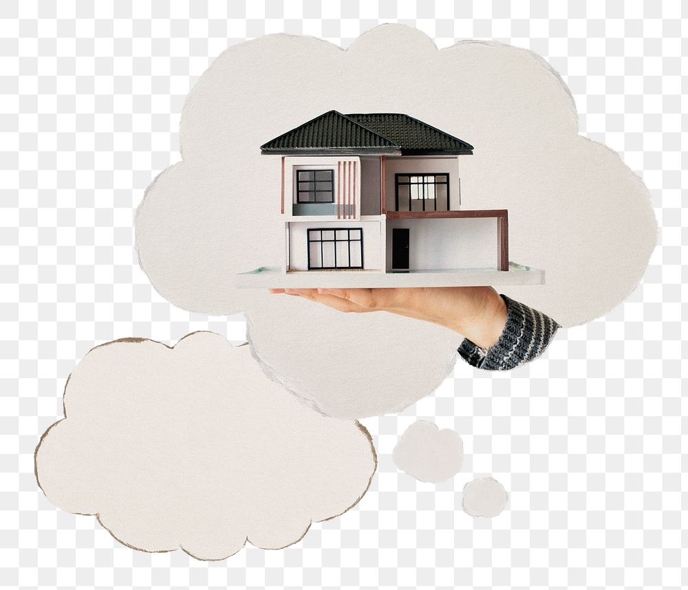 Mortgage png speech bubble sticker, hand presenting house model image on transparent background