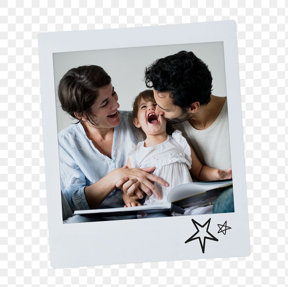 Happy family png sticker, parents and daughter instant film image on transparent background
