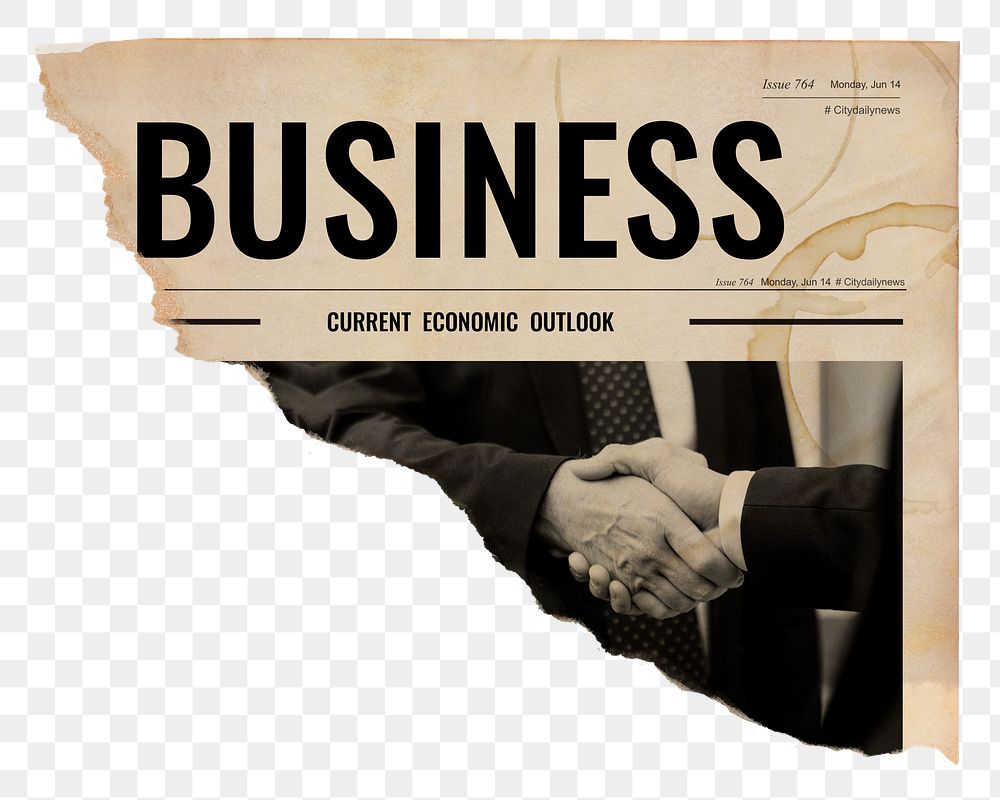Business agreement png, handshake stained ripped newspaper, transparent background