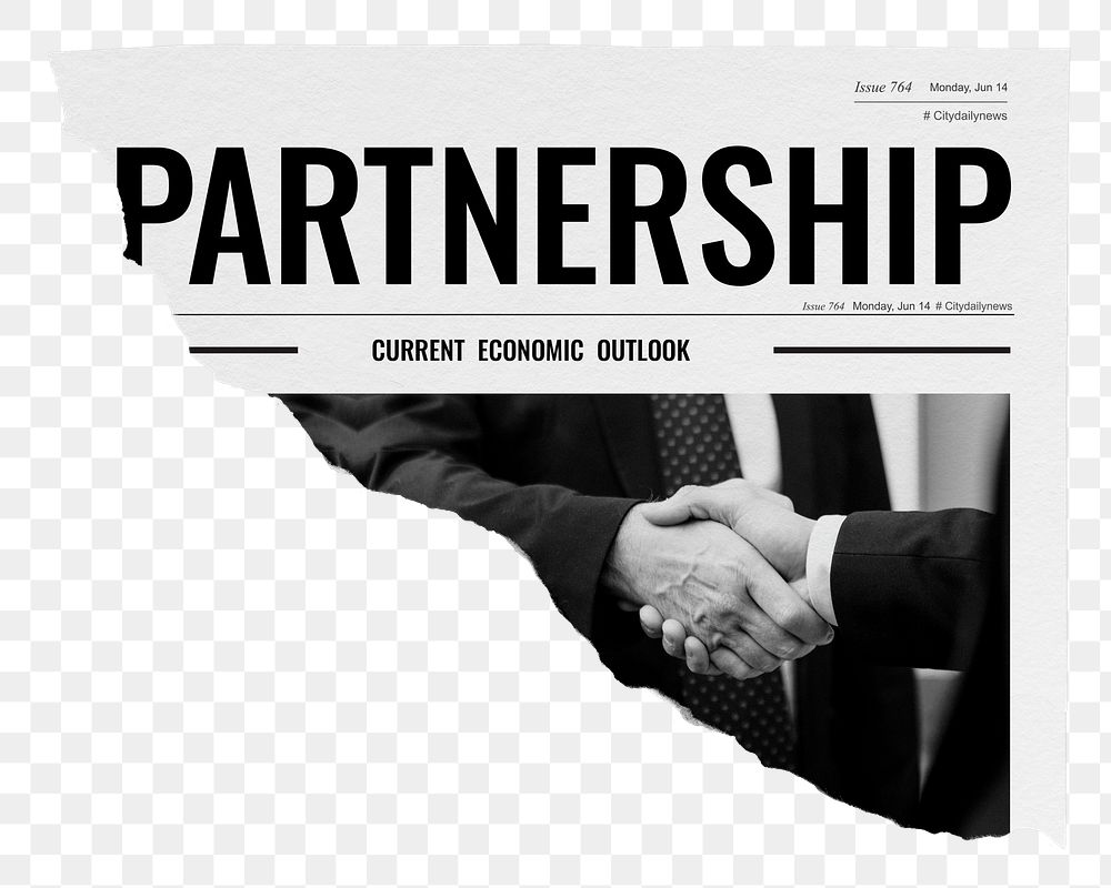 Business partnership png, handshake ripped newspaper, transparent background