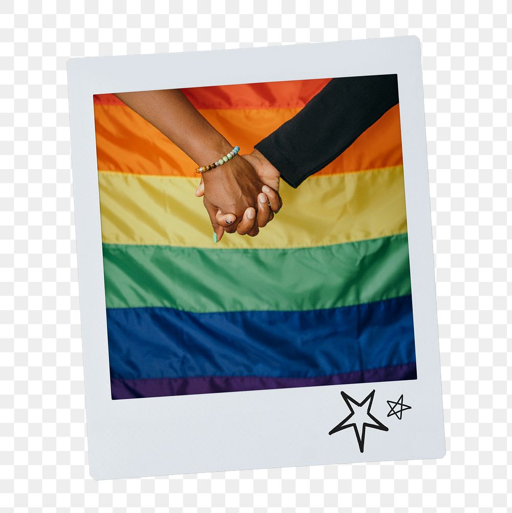 Png LGBTQ holding hands, gay pride instant photo on transparent background