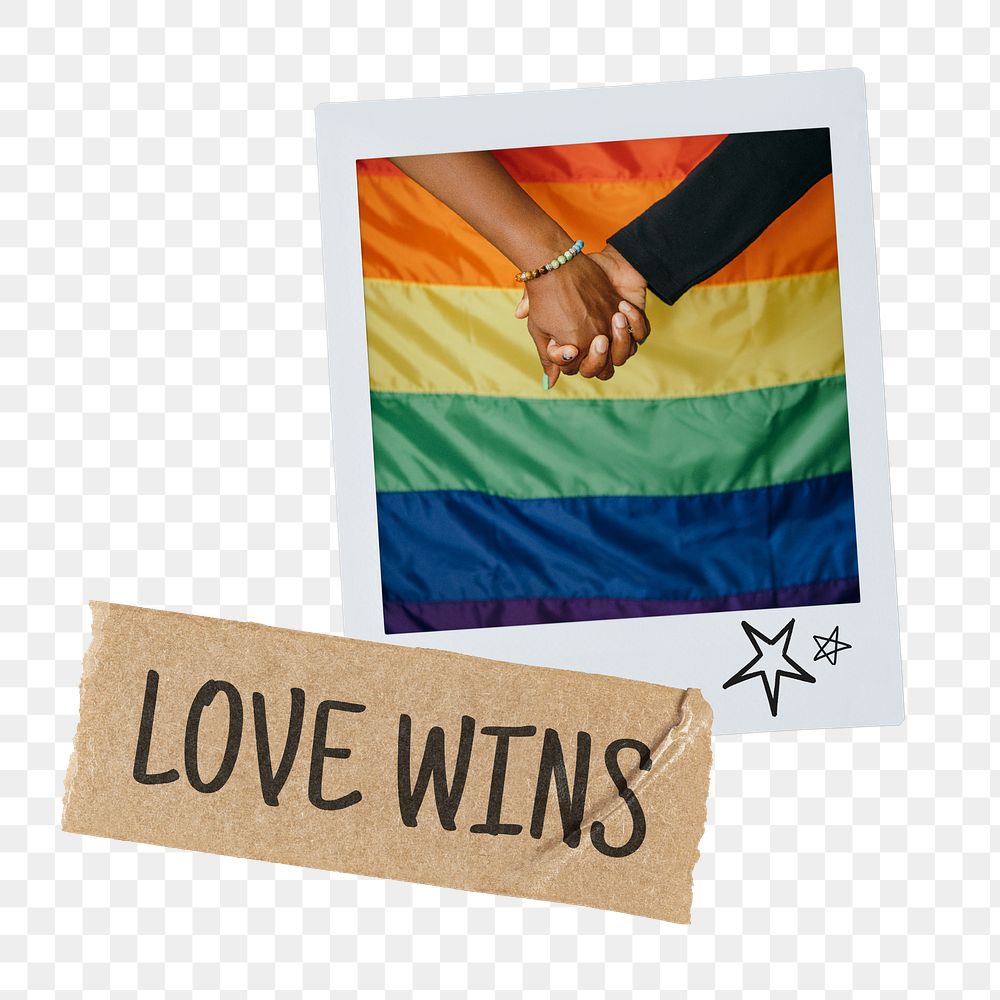 Love wins png instant photo, LGBTQ couple holding hands image on transparent background