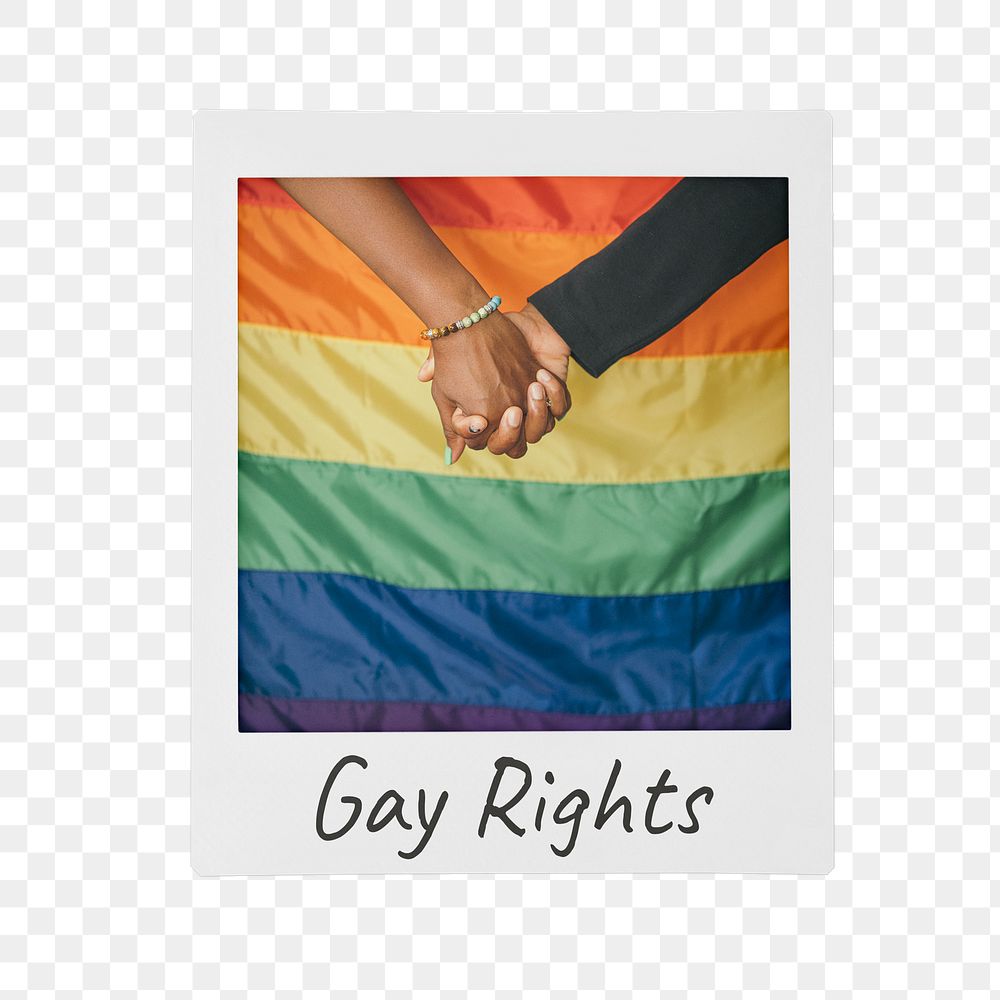 Gay rights png instant photo, LGBTQ couple holding hands image on transparent background