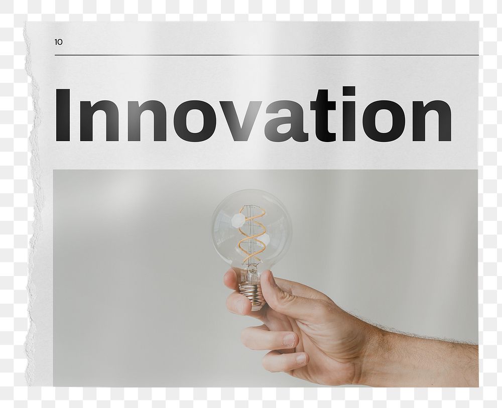 Innovation newspaper png sticker, hand holding light bulb, transparent background