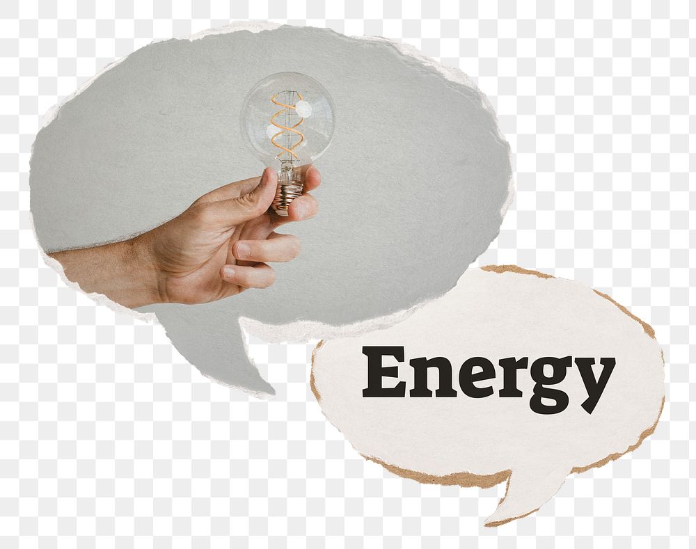 Energy png speech bubble sticker, hand holding light bulb on transparent background