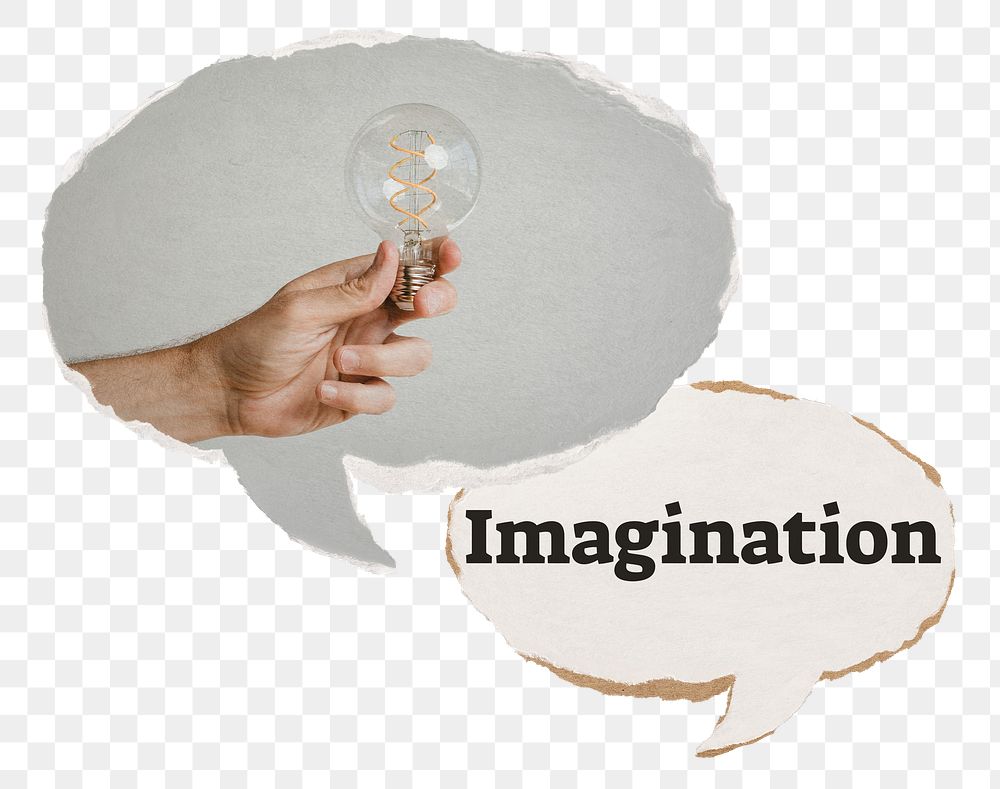 Imagination png speech bubble sticker, hand holding light bulb on transparent background