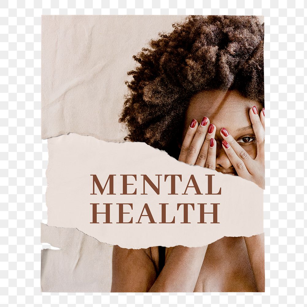 Mental health png ripped poster, wellness concept with woman covering face image on transparent background