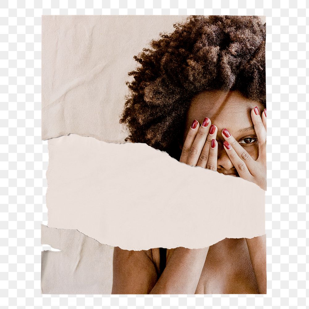 Afro woman png covering face ripped poster, mental health concept on transparent background