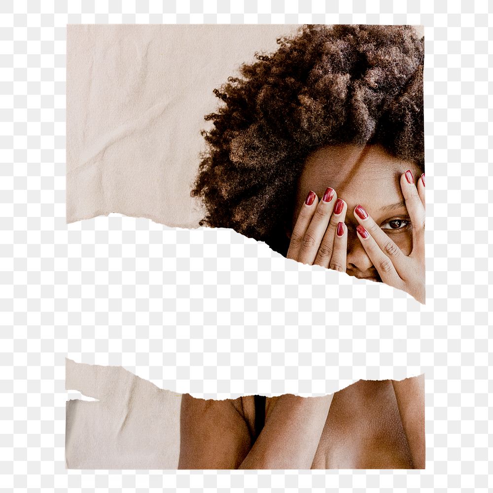 Afro woman png covering face ripped poster, mental health concept on transparent background