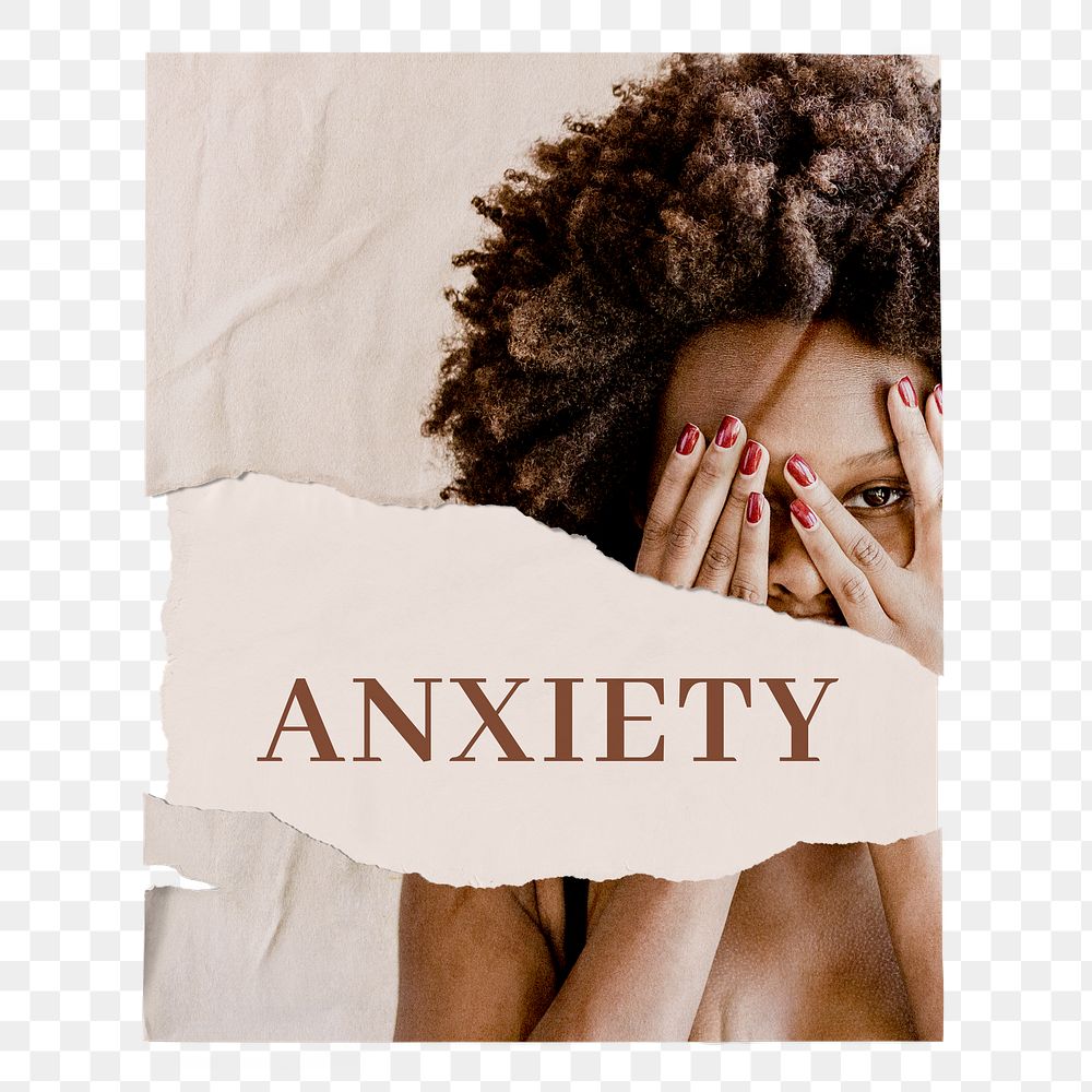 Anxiety png ripped poster, mental health concept with woman covering face image on transparent background