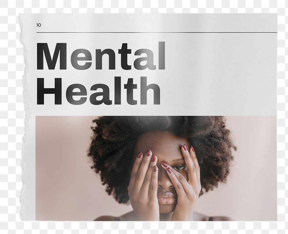 Mental health png newspaper sticker, woman covering face image on transparent background