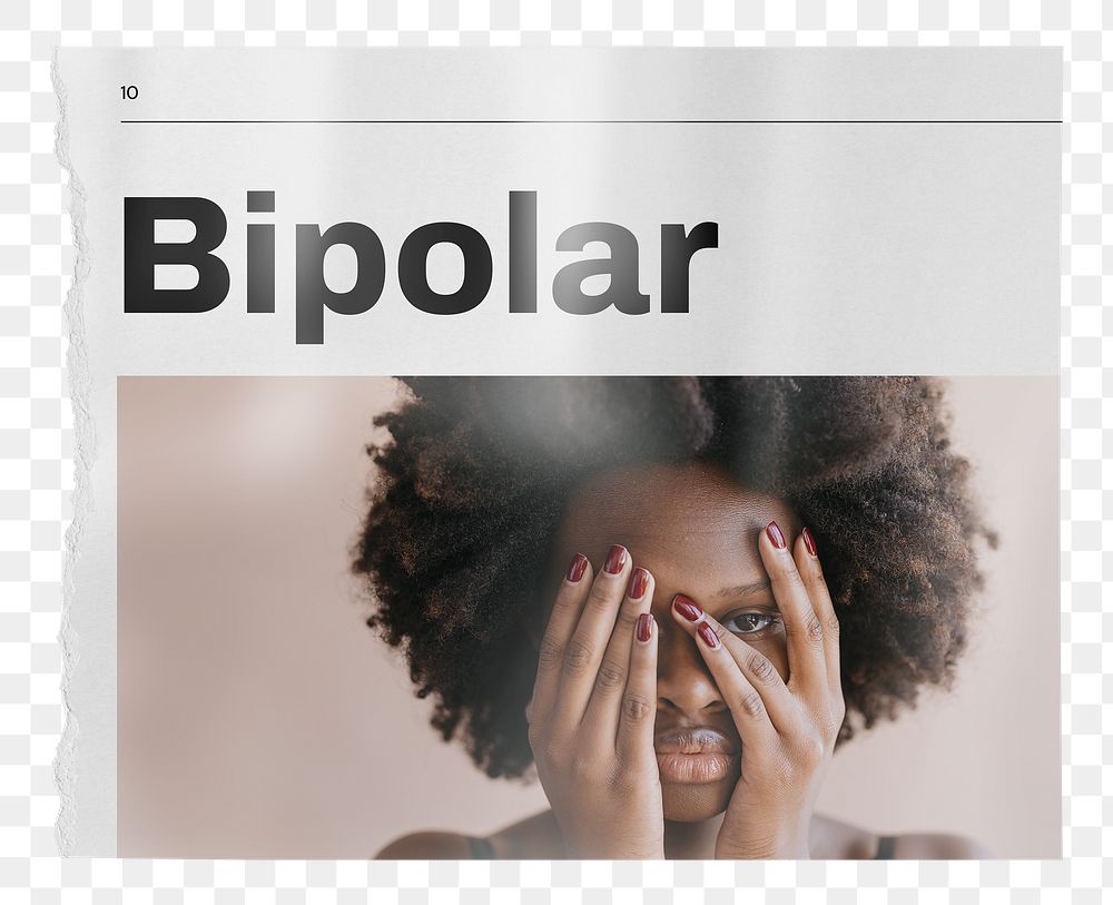 Bipolar newspaper, mental health concept with woman covering face image on transparent background